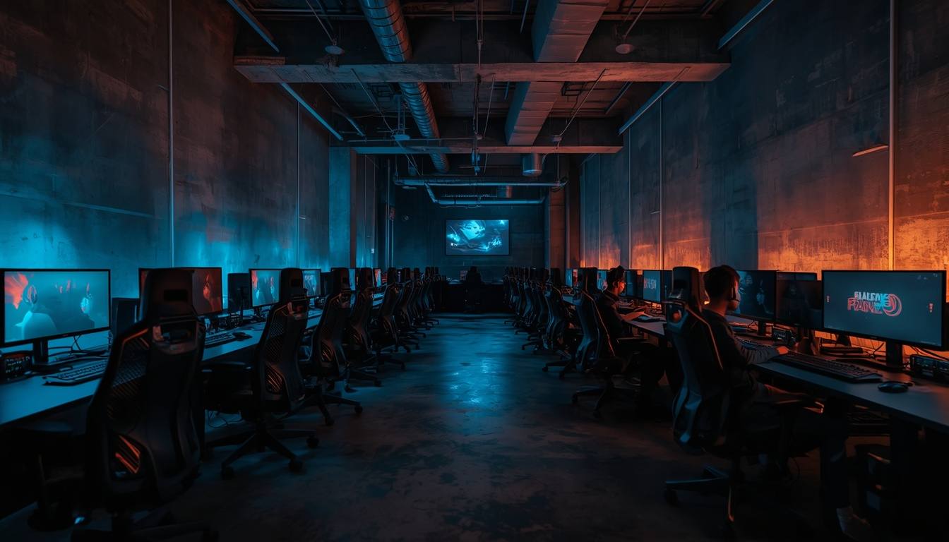 The shared common area between bays with industrial-chic seating under blue light