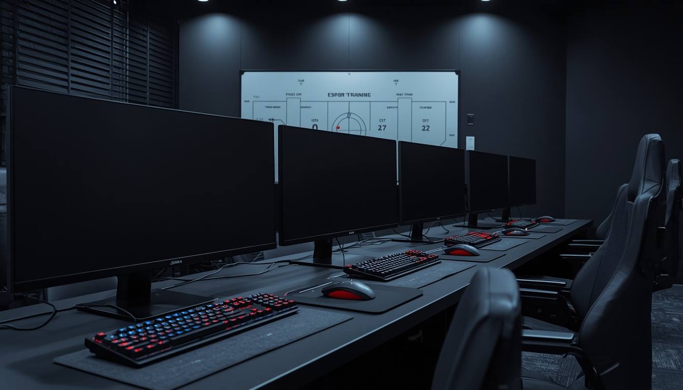 A team gaming room with five identical stations lined up under blue light